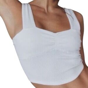 FP Movement Ribbed Cropped Tank Top White Sweetheart Neckline Ruched Seamless